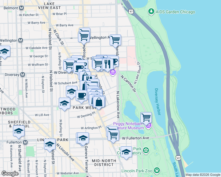 map of restaurants, bars, coffee shops, grocery stores, and more near W Wrightwood Ave & N Pine Grove Ave in Chicago
