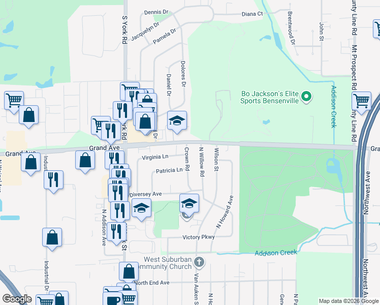 map of restaurants, bars, coffee shops, grocery stores, and more near 545 Crown Road in Elmhurst
