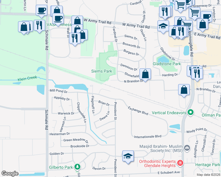 map of restaurants, bars, coffee shops, grocery stores, and more near 16 Hale Court in Glendale Heights