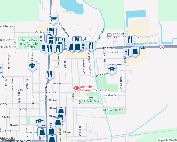 map of restaurants, bars, coffee shops, grocery stores, and more near 1044 Turkington Terrace in Rochelle
