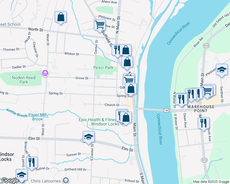 map of restaurants, bars, coffee shops, grocery stores, and more near 2 Chestnut Street in Windsor Locks