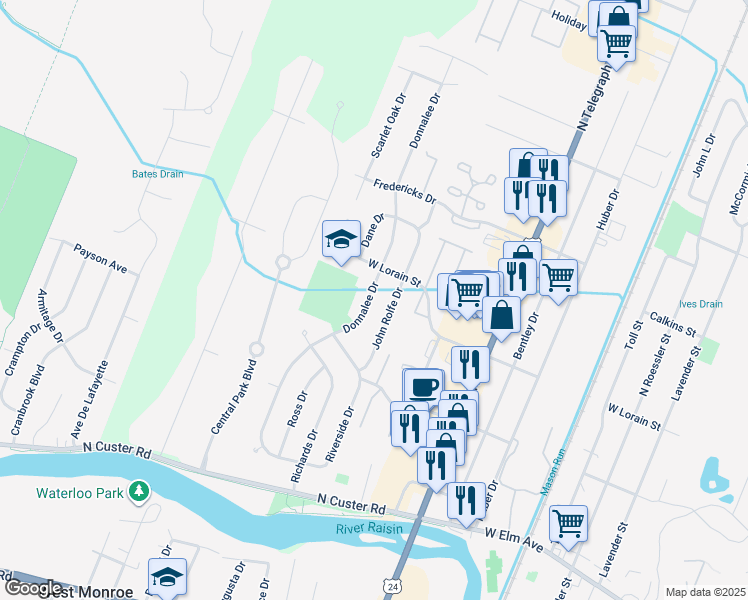 map of restaurants, bars, coffee shops, grocery stores, and more near 516 Donnalee Drive in Monroe