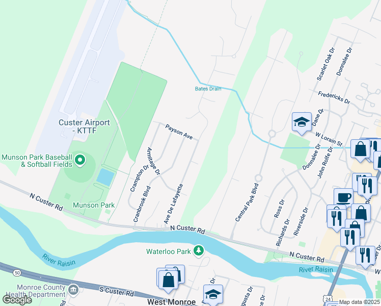 map of restaurants, bars, coffee shops, grocery stores, and more near 365 Avenue De Lafayette in Monroe