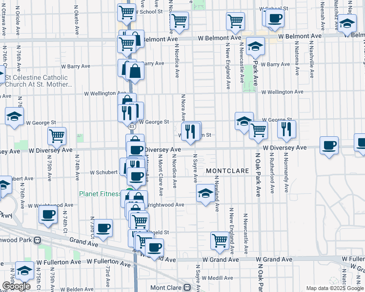 map of restaurants, bars, coffee shops, grocery stores, and more near 7036 West Diversey Avenue in Chicago