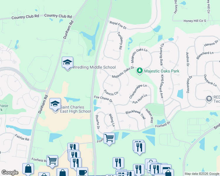 map of restaurants, bars, coffee shops, grocery stores, and more near 3021 Glacier Court in St. Charles