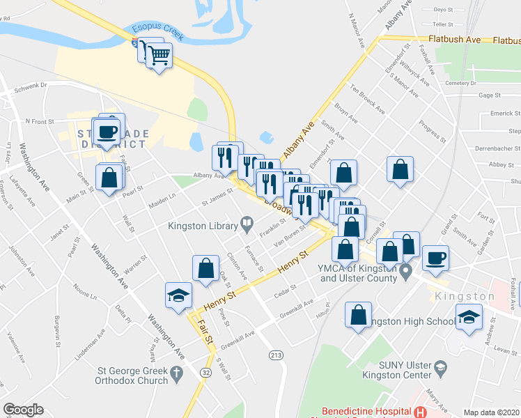 map of restaurants, bars, coffee shops, grocery stores, and more near 721 Broadway in Kingston