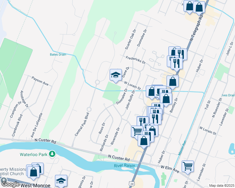 map of restaurants, bars, coffee shops, grocery stores, and more near 1731 West Lorain Street in Monroe