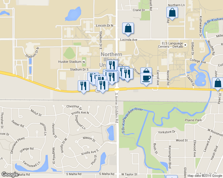 map of restaurants, bars, coffee shops, grocery stores, and more near 1125 West Lincoln Highway in DeKalb