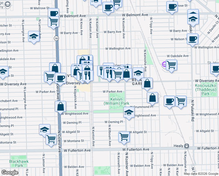 map of restaurants, bars, coffee shops, grocery stores, and more near 4504 West Parker Avenue in Chicago