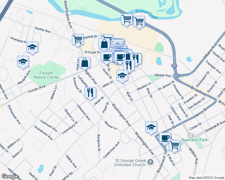 map of restaurants, bars, coffee shops, grocery stores, and more near 101 Pearl Street in Kingston