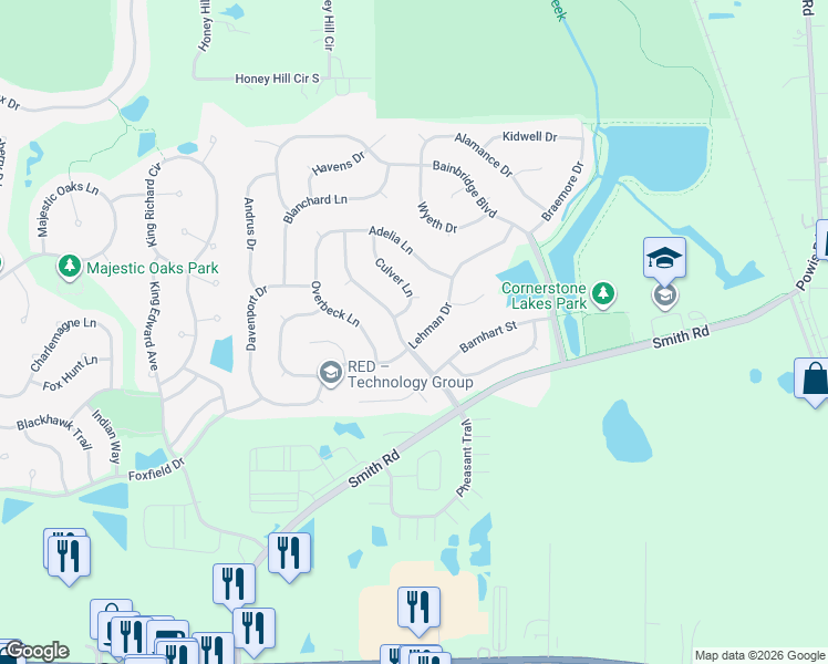 map of restaurants, bars, coffee shops, grocery stores, and more near 2485 Lehman Drive in West Chicago
