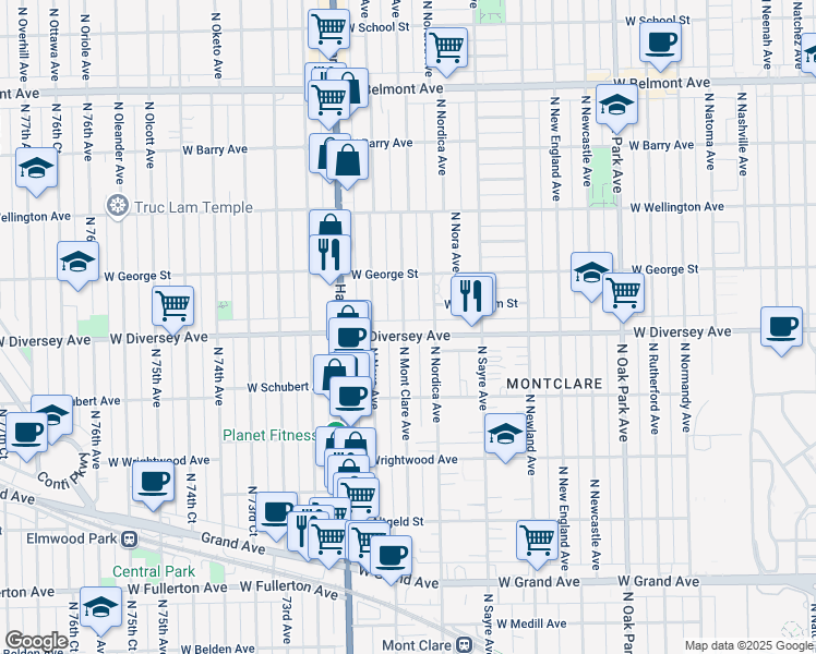 map of restaurants, bars, coffee shops, grocery stores, and more near 7074 West Diversey Avenue in Chicago