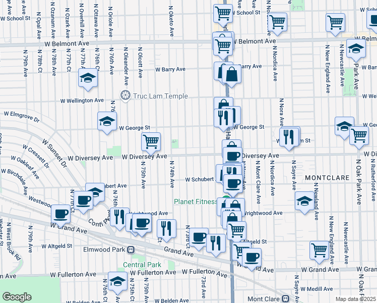 map of restaurants, bars, coffee shops, grocery stores, and more near 2801 North 73rd Court in Elmwood Park