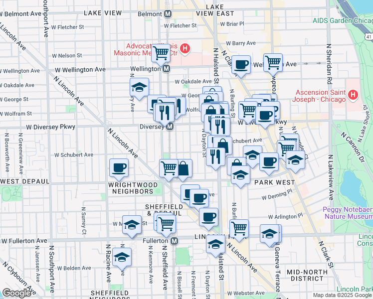 map of restaurants, bars, coffee shops, grocery stores, and more near 2704 North Mildred Avenue in Chicago