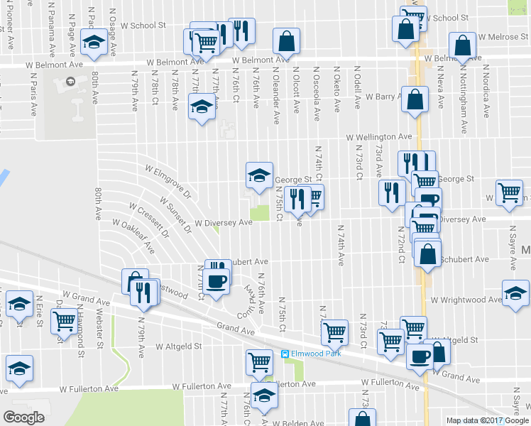map of restaurants, bars, coffee shops, grocery stores, and more near 2805 North 76th Avenue in Elmwood Park