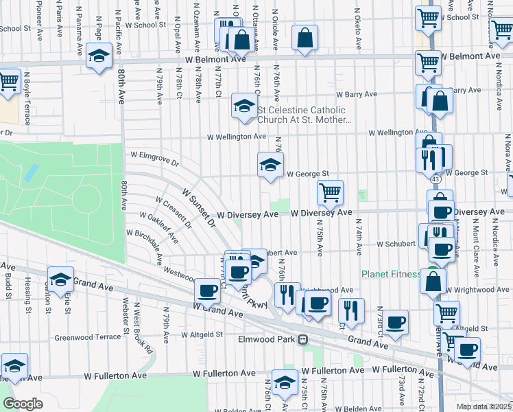 map of restaurants, bars, coffee shops, grocery stores, and more near 2808 North 76th Court in Elmwood Park