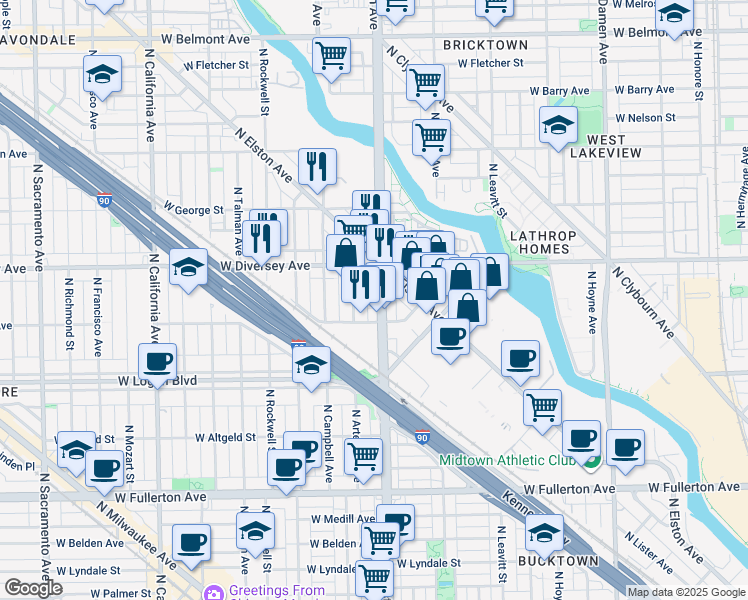 map of restaurants, bars, coffee shops, grocery stores, and more near 2720 North Western Avenue in Chicago