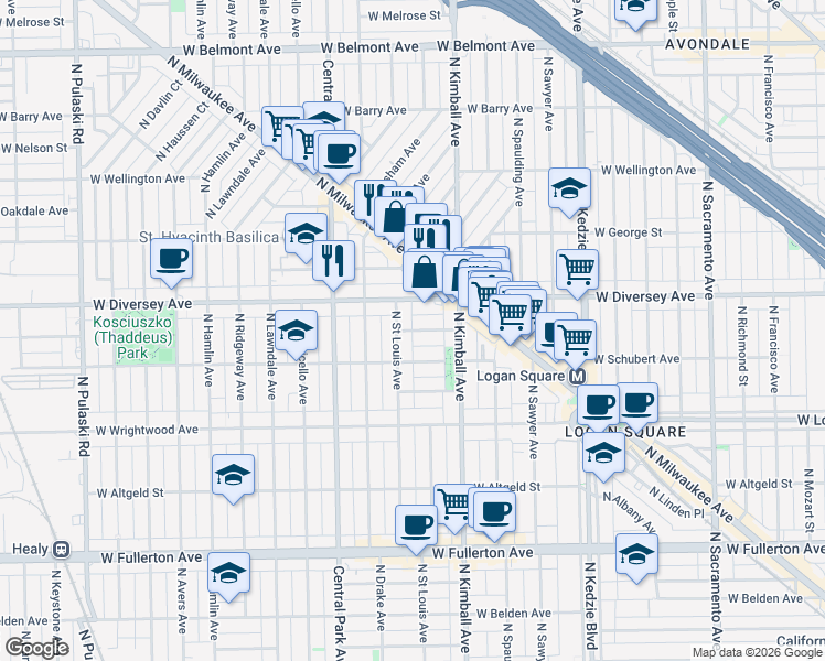 map of restaurants, bars, coffee shops, grocery stores, and more near 3451 West Parker Avenue in Chicago