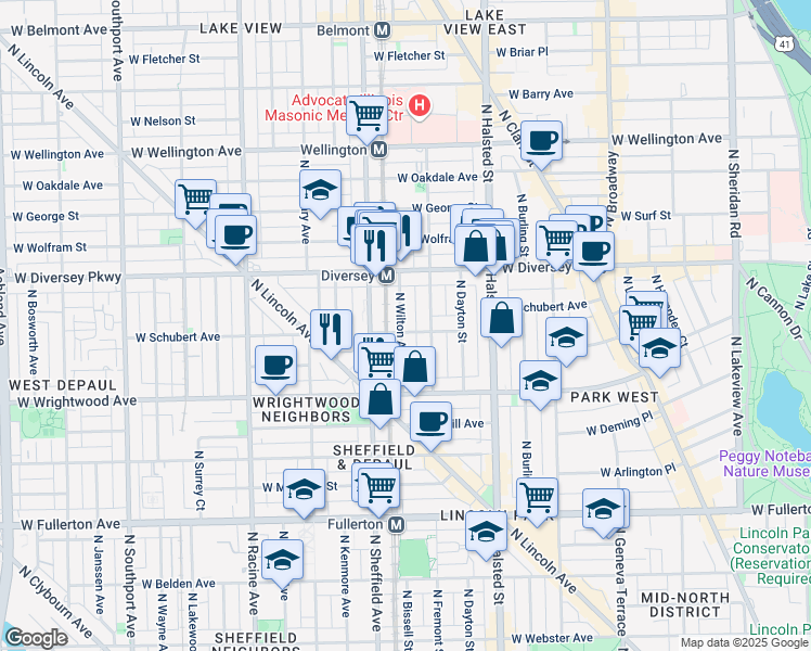 map of restaurants, bars, coffee shops, grocery stores, and more near 2703 North Wilton Avenue in Chicago