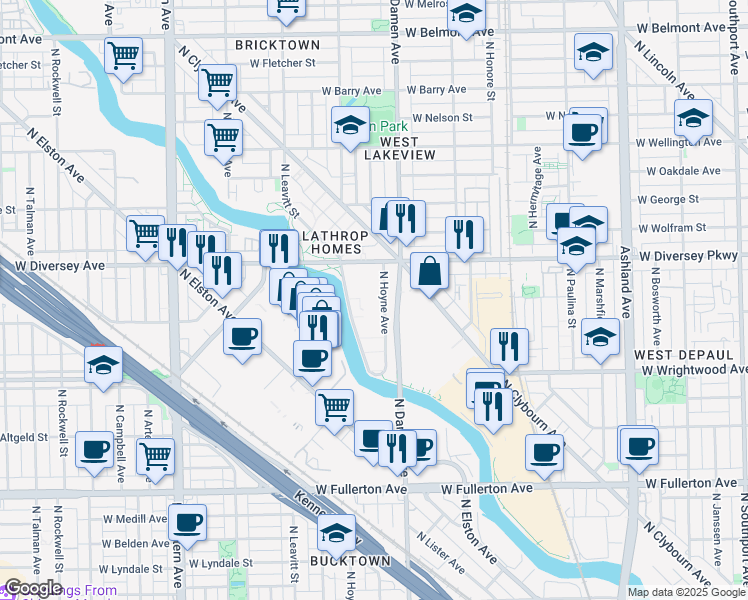 map of restaurants, bars, coffee shops, grocery stores, and more near 2714 North Hoyne Avenue in Chicago