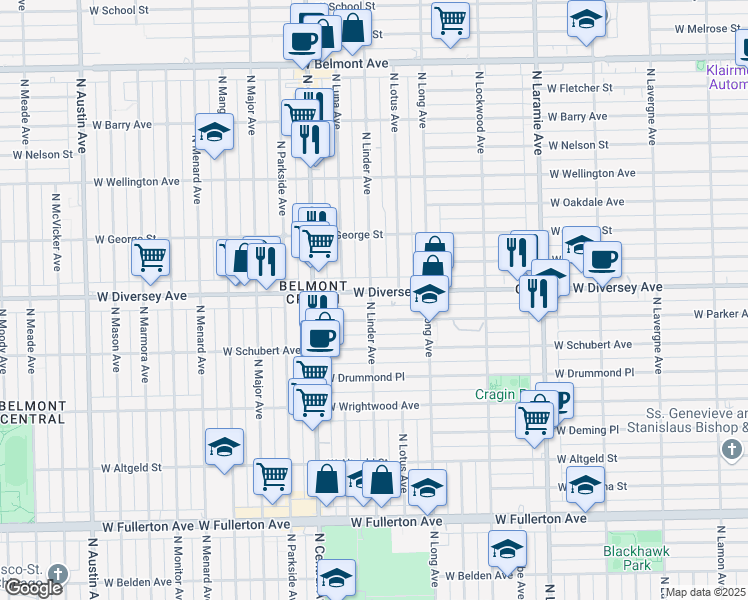 map of restaurants, bars, coffee shops, grocery stores, and more near 2757 North Linder Avenue in Chicago