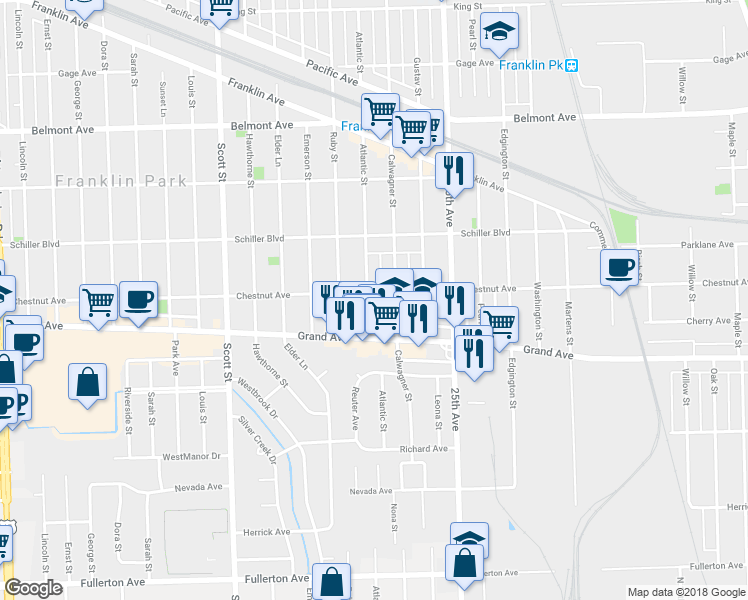map of restaurants, bars, coffee shops, grocery stores, and more near 2845 Atlantic Street in Franklin Park