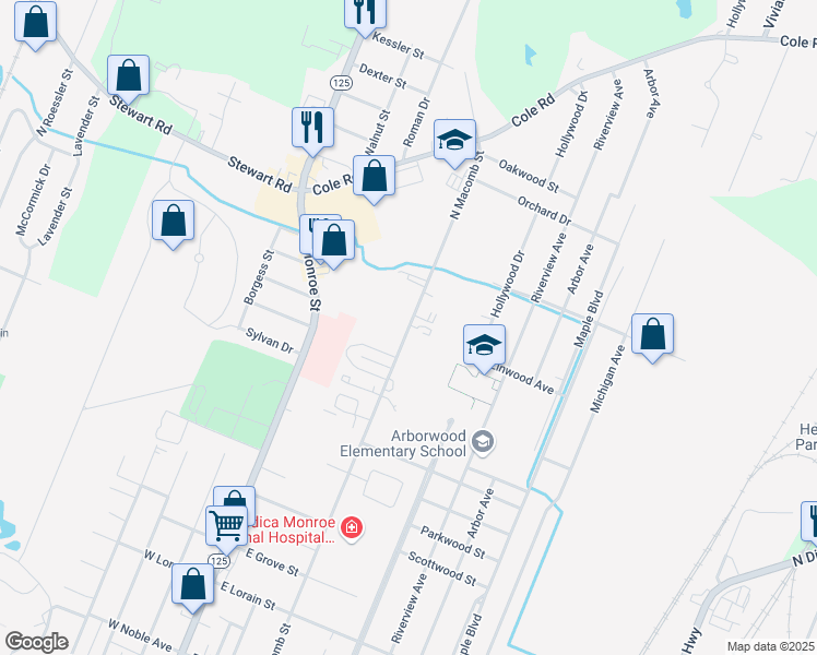 map of restaurants, bars, coffee shops, grocery stores, and more near 1201 North Macomb Street in Monroe