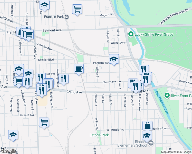 map of restaurants, bars, coffee shops, grocery stores, and more near 2836 Willow Street in Franklin Park