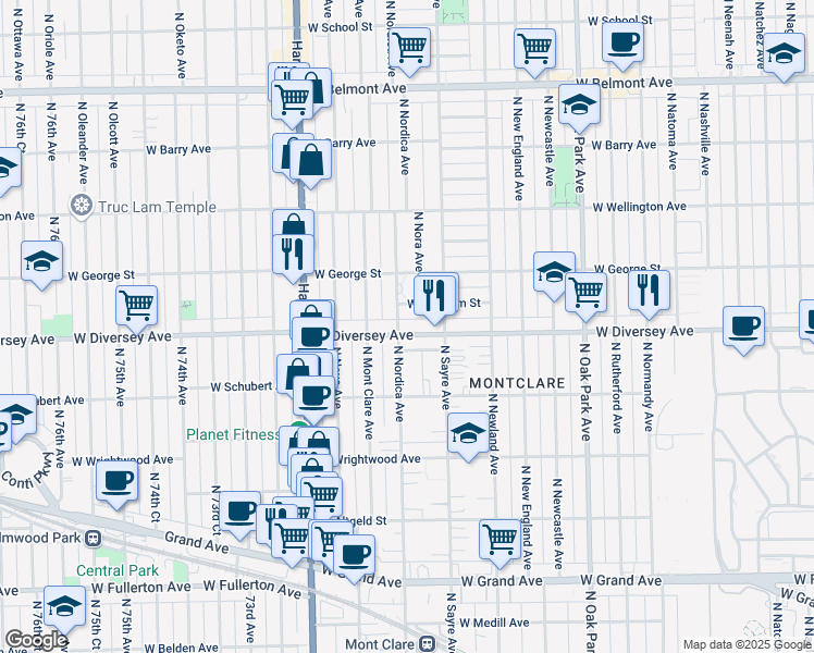 map of restaurants, bars, coffee shops, grocery stores, and more near 7036 West Diversey Avenue in Chicago
