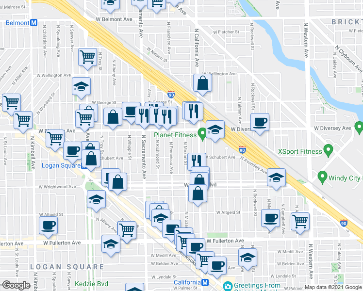 map of restaurants, bars, coffee shops, grocery stores, and more near 2726 North Mozart Street in Chicago