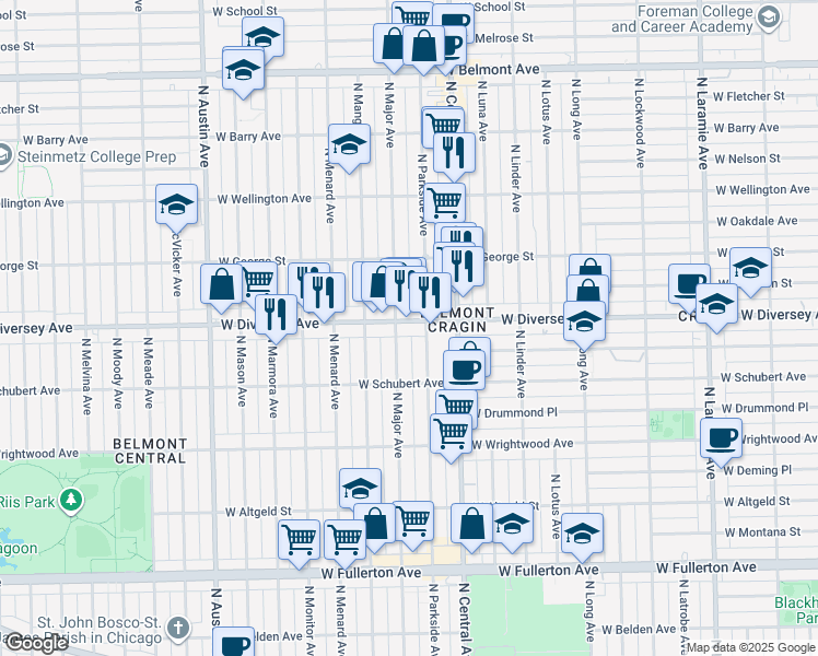 map of restaurants, bars, coffee shops, grocery stores, and more near 5647 West Diversey Avenue in Chicago