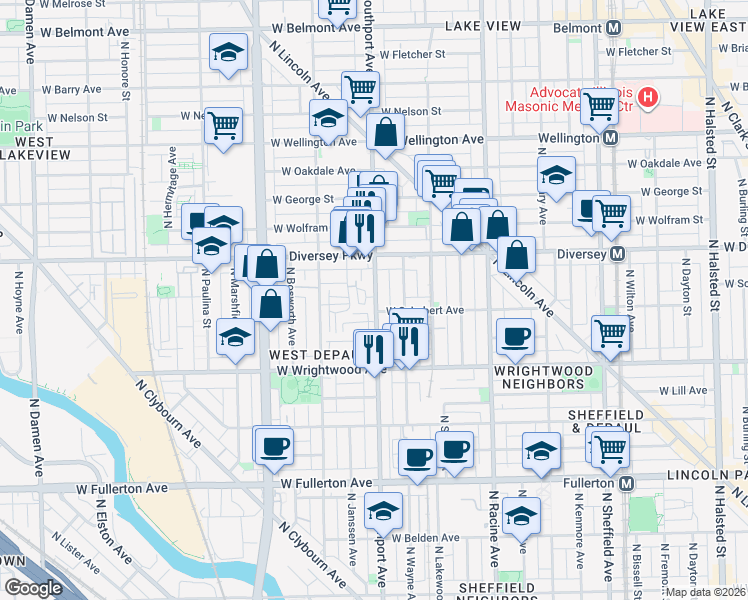 map of restaurants, bars, coffee shops, grocery stores, and more near 2720 North Southport Avenue in Chicago