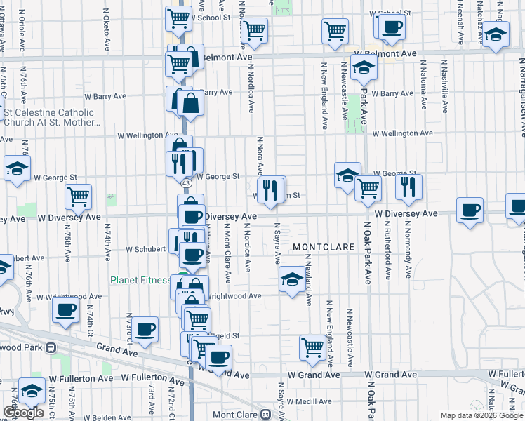 map of restaurants, bars, coffee shops, grocery stores, and more near 7036 West Diversey Avenue in Chicago