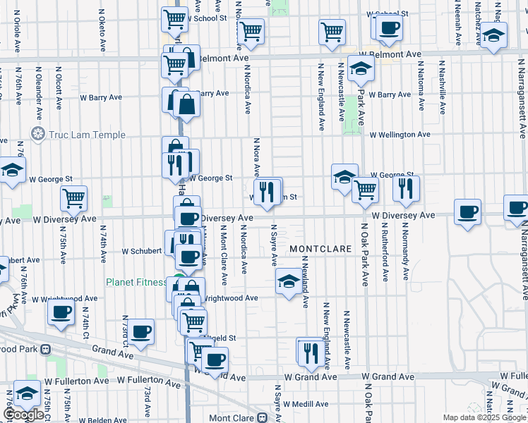 map of restaurants, bars, coffee shops, grocery stores, and more near 7000 West Diversey Avenue in Chicago
