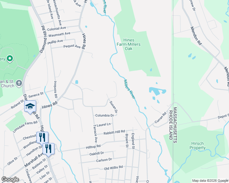 map of restaurants, bars, coffee shops, grocery stores, and more near 38 Millers Brook Drive in Cumberland
