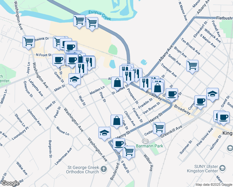 map of restaurants, bars, coffee shops, grocery stores, and more near 52 Saint James Street in Kingston