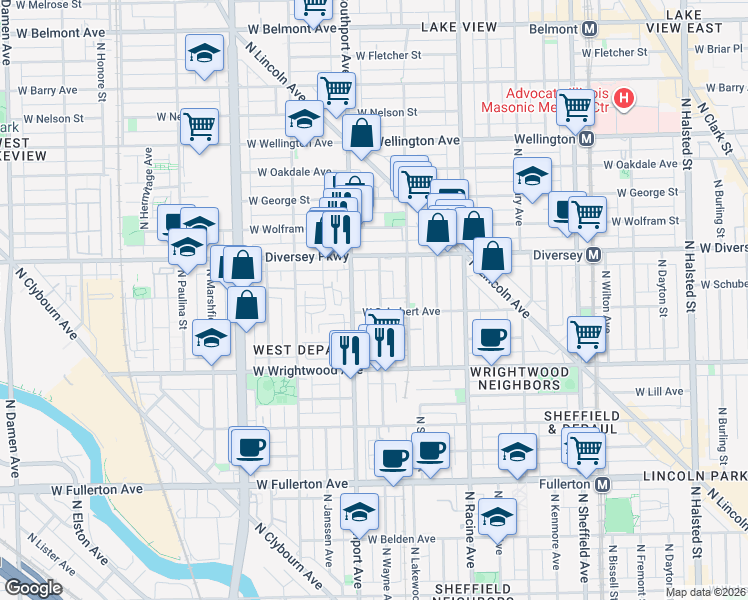 map of restaurants, bars, coffee shops, grocery stores, and more near 2709 North Southport Avenue in Chicago
