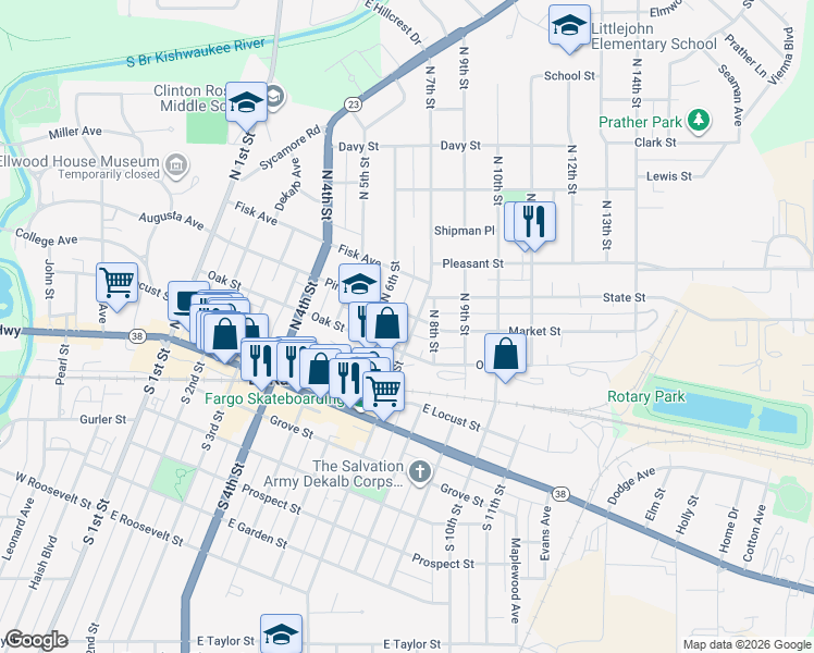 map of restaurants, bars, coffee shops, grocery stores, and more near 325 North 7th Street in DeKalb