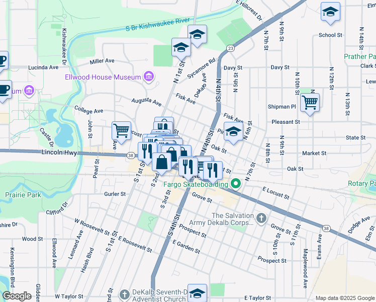 map of restaurants, bars, coffee shops, grocery stores, and more near 194 North 3rd Street in DeKalb