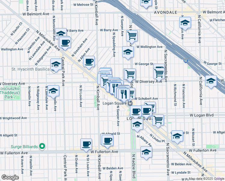 map of restaurants, bars, coffee shops, grocery stores, and more near 2716 North Sawyer Avenue in Chicago