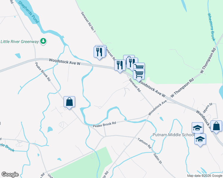map of restaurants, bars, coffee shops, grocery stores, and more near 27 Senexet Village Rd in Woodstock