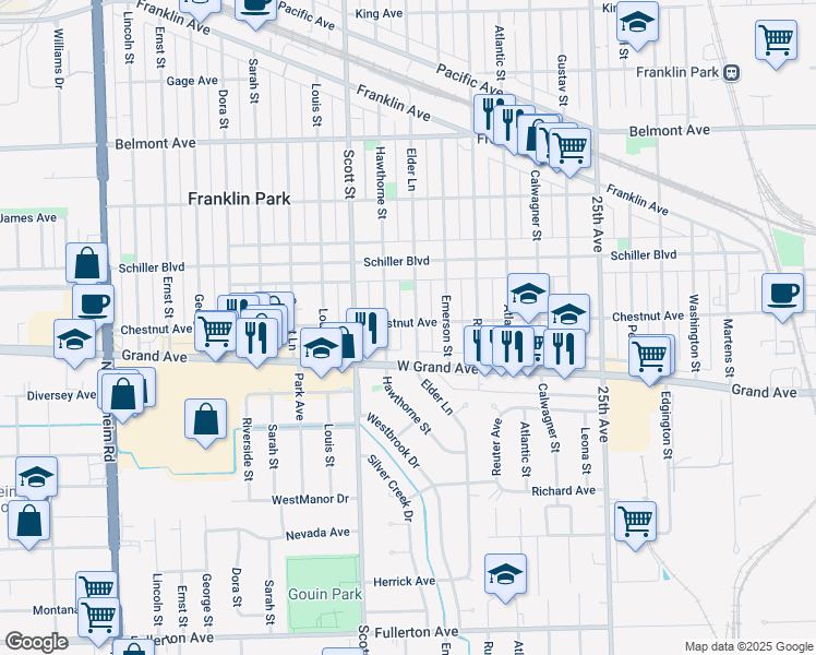 map of restaurants, bars, coffee shops, grocery stores, and more near 2850 Elder Lane in Franklin Park