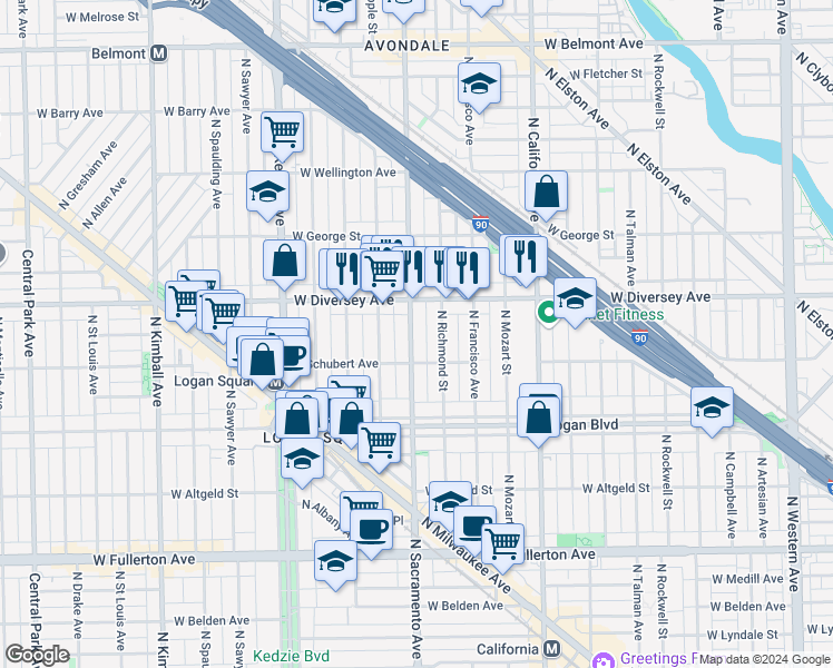 map of restaurants, bars, coffee shops, grocery stores, and more near 2727 North Sacramento Avenue in Chicago