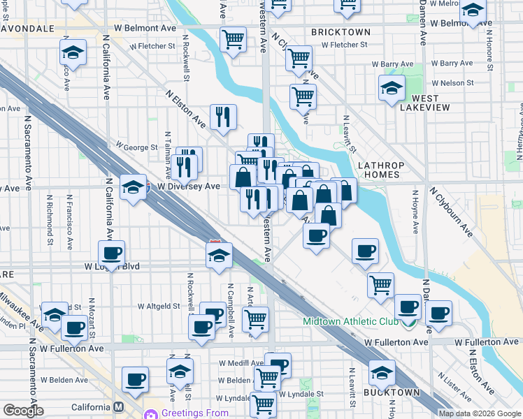 map of restaurants, bars, coffee shops, grocery stores, and more near 2720 North Western Avenue in Chicago