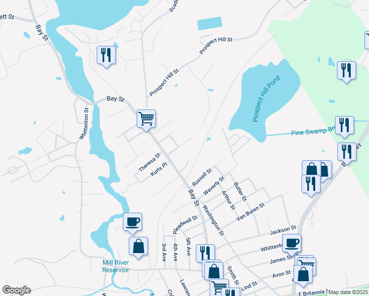 map of restaurants, bars, coffee shops, grocery stores, and more near 11 Hoffman Street in Taunton