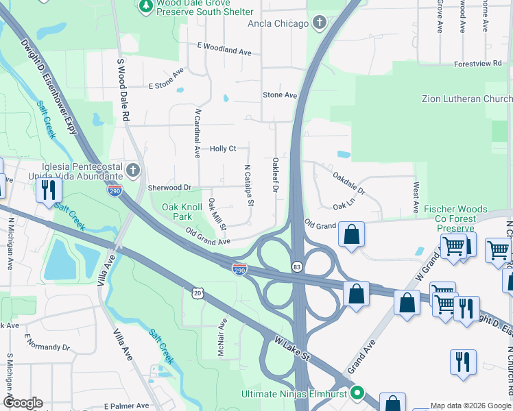 map of restaurants, bars, coffee shops, grocery stores, and more near 159 North Catalpa Street in Addison