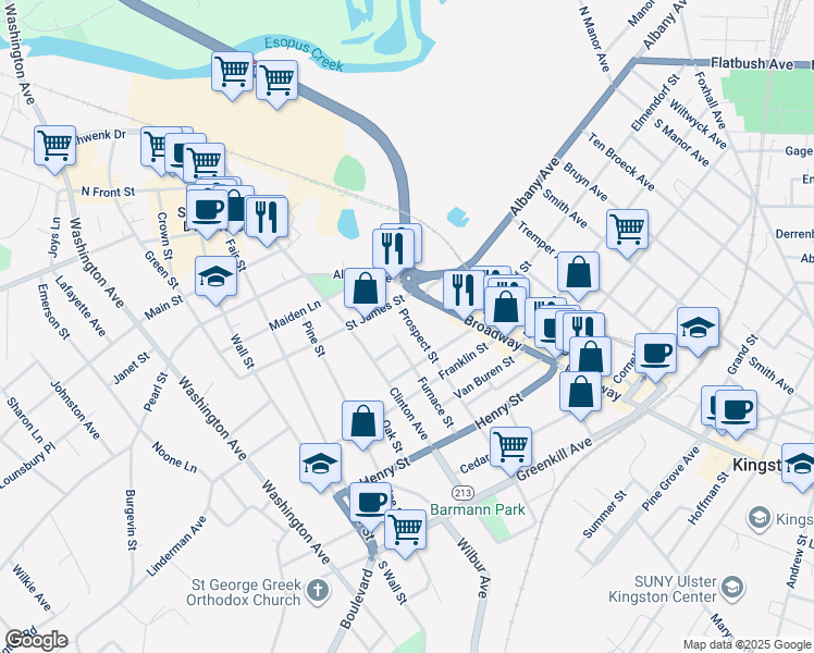 map of restaurants, bars, coffee shops, grocery stores, and more near 149 Prospect Street in Kingston