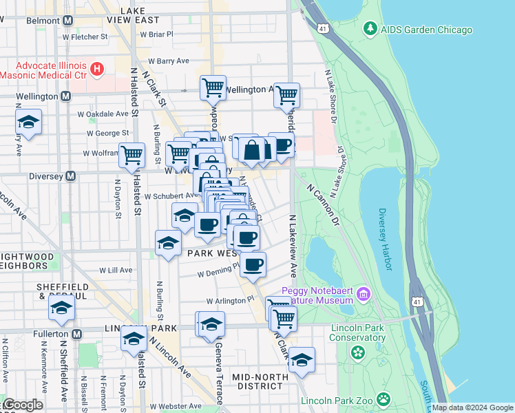 map of restaurants, bars, coffee shops, grocery stores, and more near 2714 North Hampden Court in Chicago
