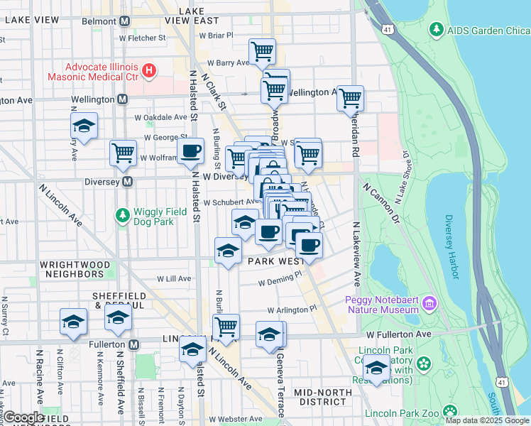 map of restaurants, bars, coffee shops, grocery stores, and more near 2657 West Drummond Place in Chicago