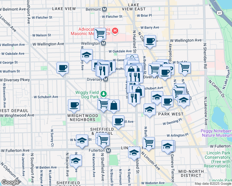 map of restaurants, bars, coffee shops, grocery stores, and more near 2701 North Mildred Avenue in Chicago